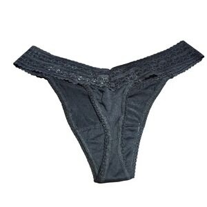 Hanky Panky Black TENCEL Modal Low Rise Thong Lace V-Waistband One Size